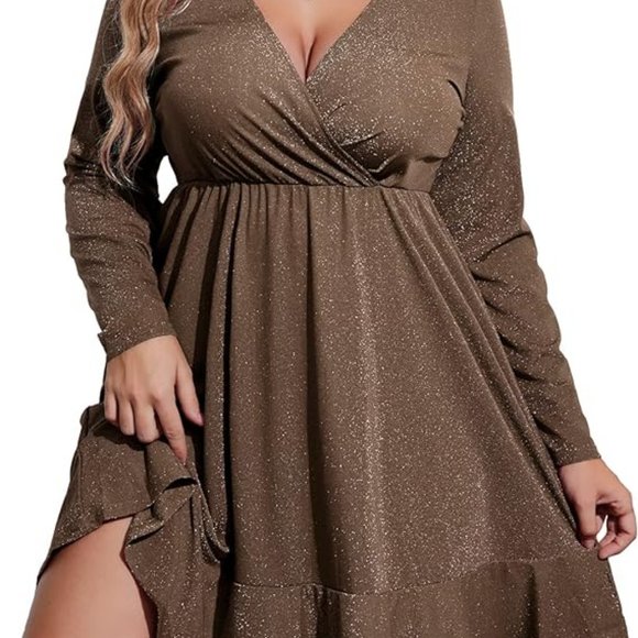IN'VOLAND Plus Size Women Dress V Neck Ruched Fall Long Sleeve Short Mini - Picture 3 of 8